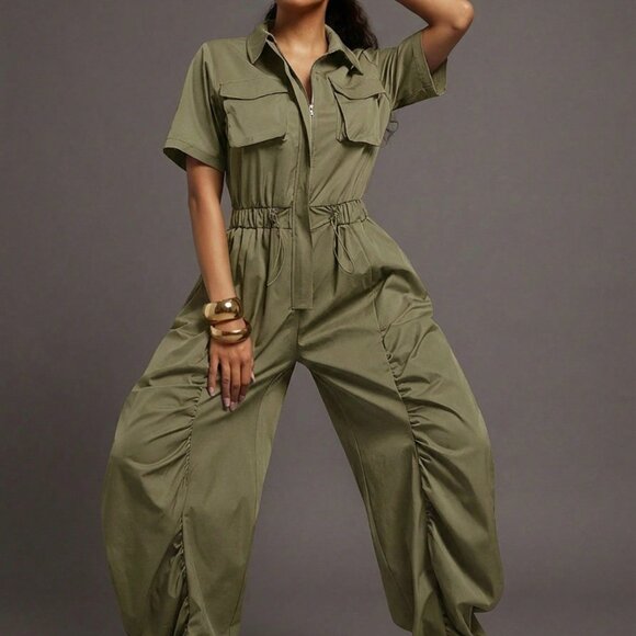 Green Casual Women's Ruched Wide Leg Drawcord Waist Utility Jumpsuit